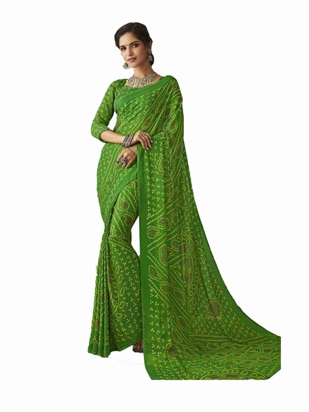 Green Bandhani Chiffon Printed Saree-E339