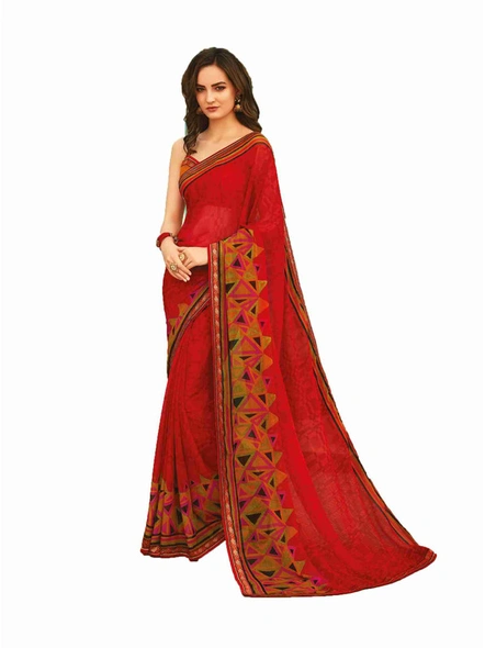 Chiffon Printed Saree with Stitched Lace Border in Red-E361