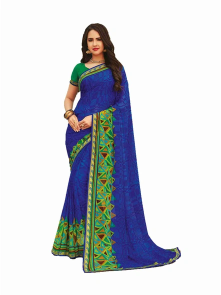 Chiffon Printed Saree with Stitched Lace Border in Blue-E362