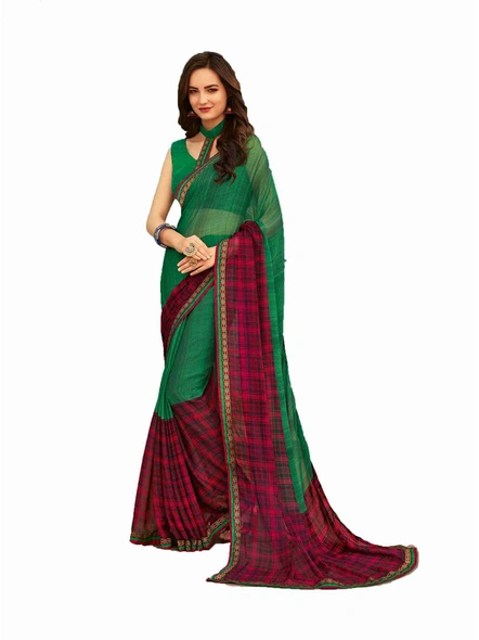 Chiffon Printed Saree with Stitched Lace Border in Green-E363