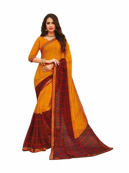 Chiffon Printed Saree with Stitched Lace Border in Yellow-E364