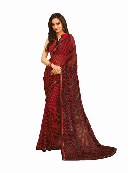 Chiffon Printed Saree with Stitched Lace Border in Maroon-E365