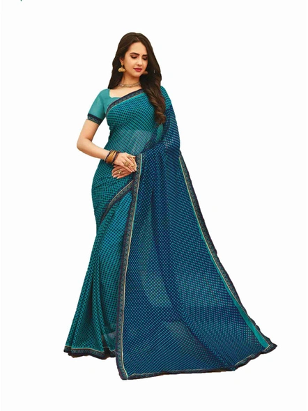 Chiffon Printed Saree with Stitched Lace Border in Blue-E366