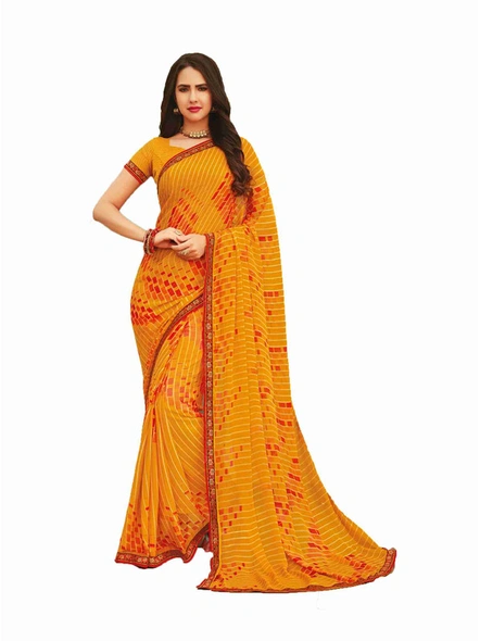 Chiffon Printed Saree with Stitched Lace Border in Yellow-E369