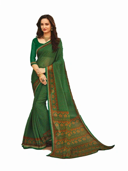 Chiffon Printed Saree with Stitched Lace Border in Green-E372