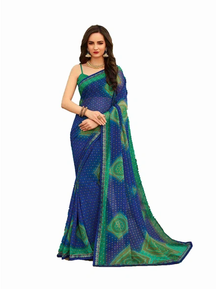 Chiffon Printed Saree with Stitched Lace Border in Blue-E377