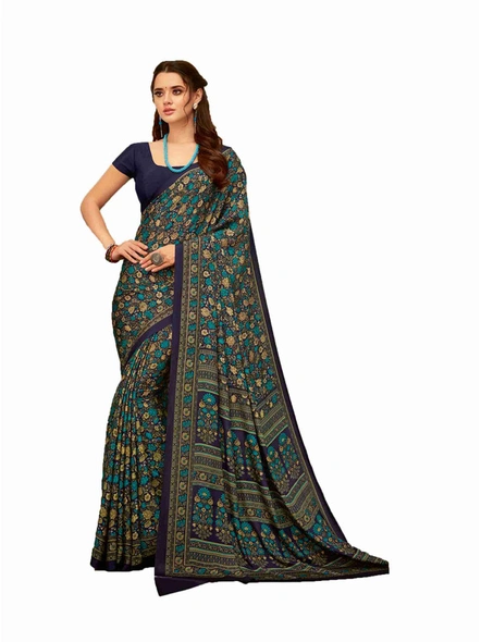 Crepe Printed Saree in Navy Blue-E411