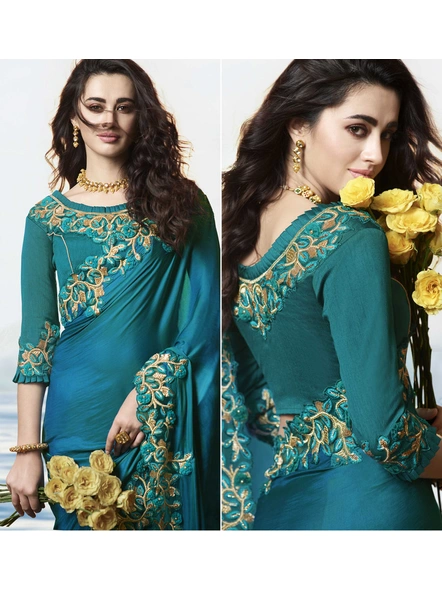 Embroidered Silk Saree in Blue-E445
