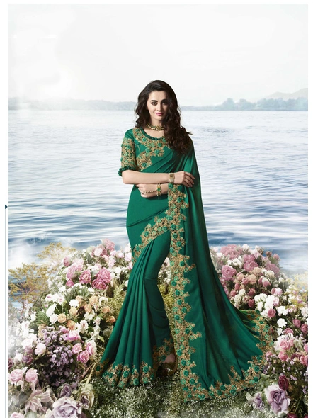 Embroidered Satin Silk Saree in Green-E454