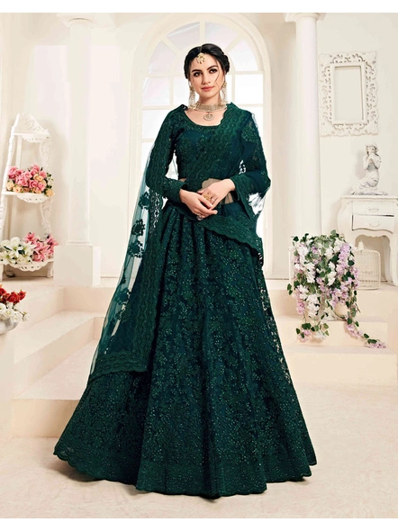 Net Embroidered Lehenga Set In Green-Material-1