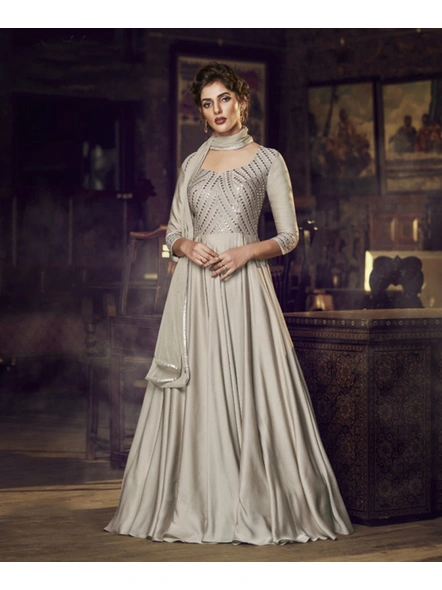 Grey Soft Satin Silk Embroidered Gown-E498