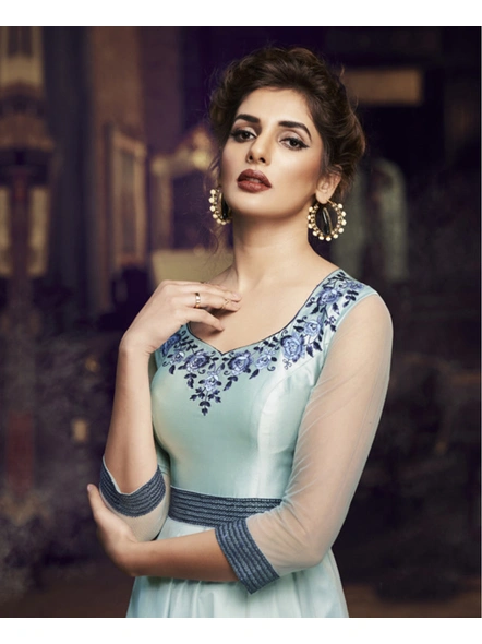 Sky Blue Soft Satin Silk Embroidered Gown-E501