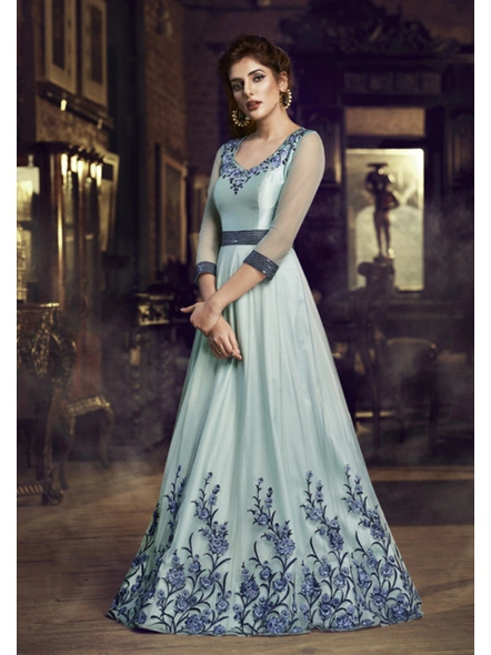 Sky Blue Soft Satin Silk Embroidered Gown-1