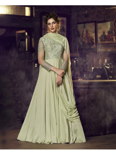 Lime Green Soft Satin Silk Embroidered Gown-E502