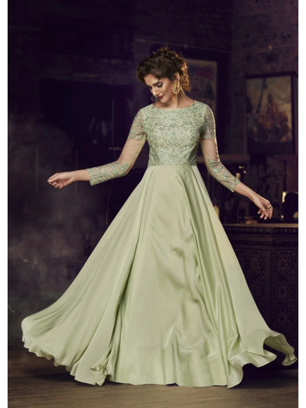 Lime Green Soft Satin Silk Embroidered Gown-1
