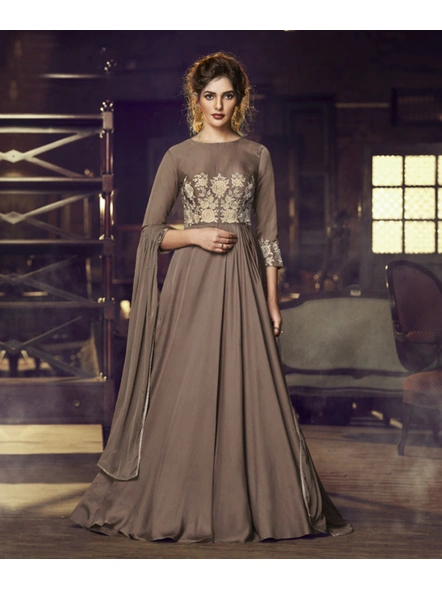 Light Brown Soft Satin Silk Embroidered Gown-E503