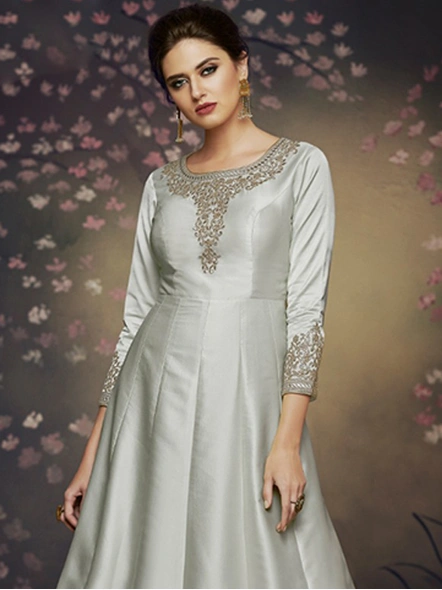 Sky Blue Satin Silk Embroidered Gown-E504