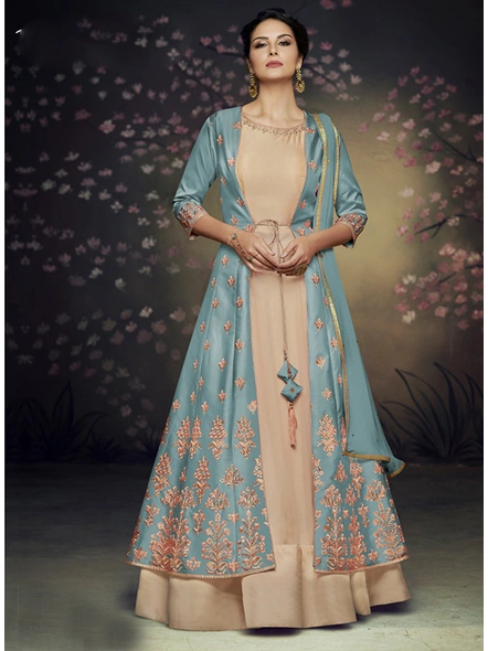 Cream with Blue Soft Net and Satin Embroidered Gown-E506