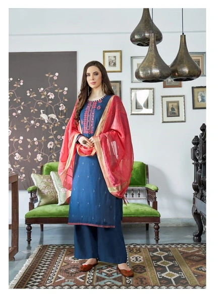 Viscose Muslin Embroidery Suit In Blue-E511
