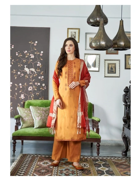 Viscose Muslin Embroidery Suit In Gold-E512