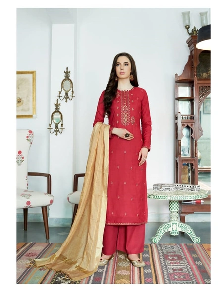 Viscose Muslin Embroidery Suit In Red-E513