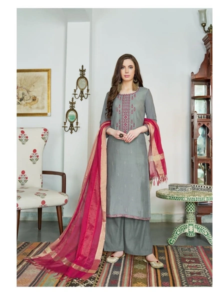 Viscose Muslin Embroidery Suit in Grey-E514