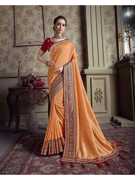 Soft Silk Embroidered Saree In Orange-E527