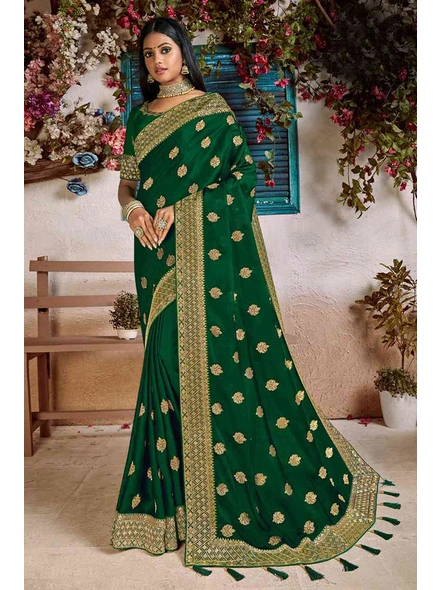 Chiffon Satin Embroidered Saree In Green-E534