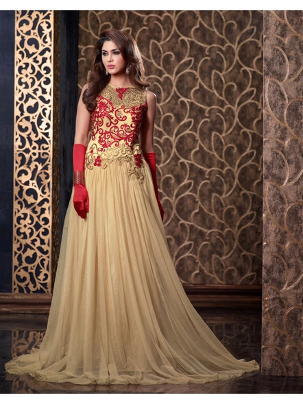 Net Embroidered Gown In Cream-E555