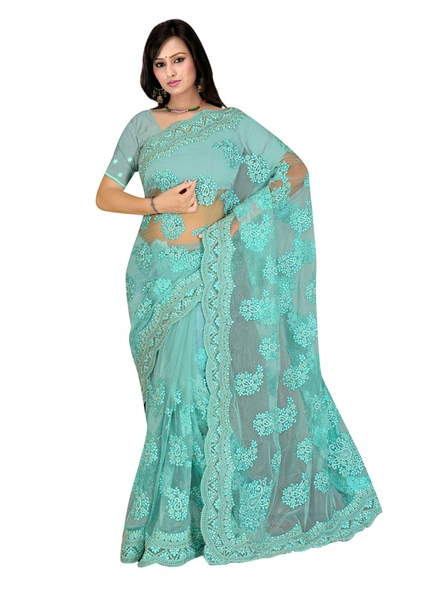 Net Scalloped Embroidered Saree in Sky Blue-E575