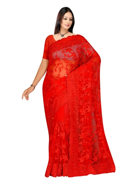 Net Scalloped Embroidered Saree in Red-E580