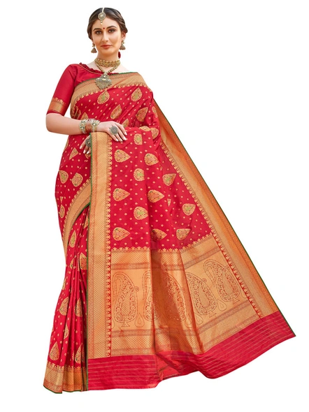 Banarasi Silk Woven Saree In Red-E596