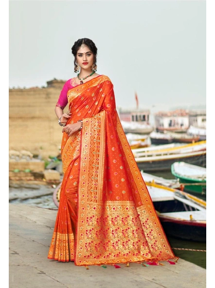 Banarasi Silk Saree in Orange-E633