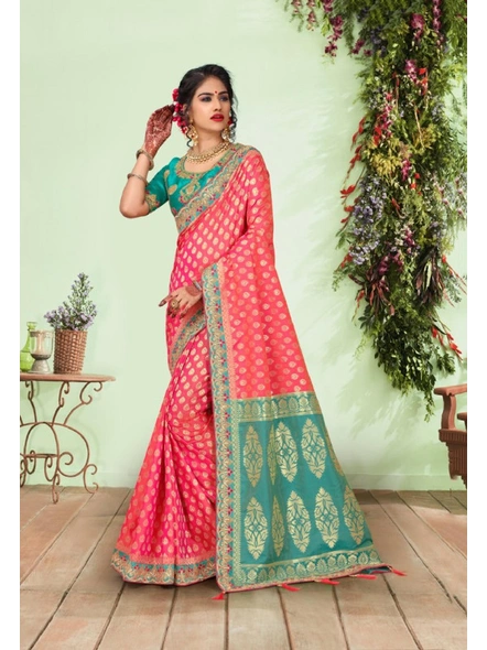 Banarasi Silk Contrast Pallu Saree in Pink-E682