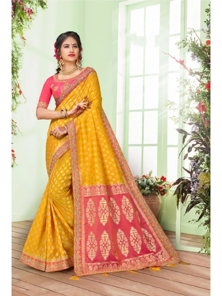 Banarasi Silk Contrast Pallu Saree in Yellow-E683