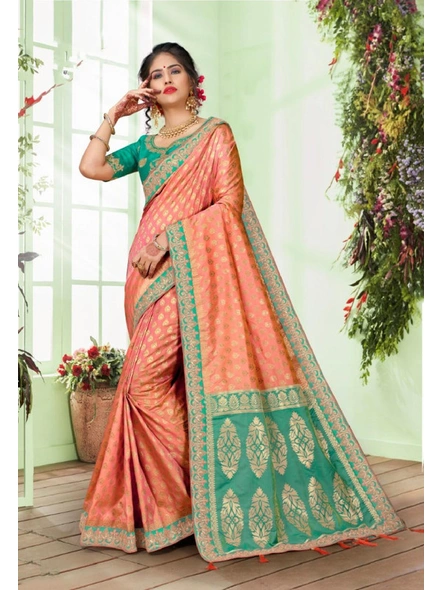 Banarasi Silk Contrast Pallu Saree in Peach-E685