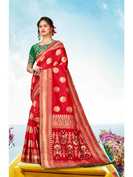 Red Banarasi Silk Saree With Embroidered Blouse-E688