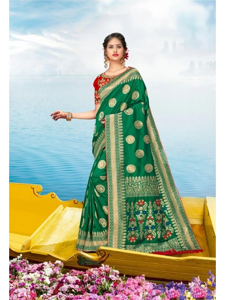 Green Banarasi Silk Saree With Embroidered Blouse-E689