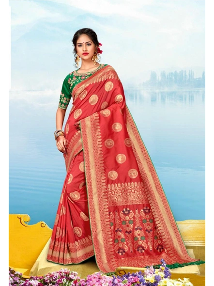 Peach Banarasi Silk Saree With Embroidered Blouse-E690