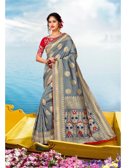 Grey Banarasi Silk Saree With Embroidered Blouse-E691