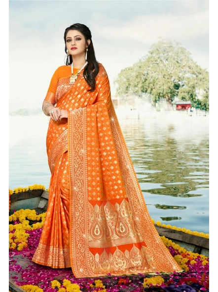 Banarasi Silk Saree In Orange-E702
