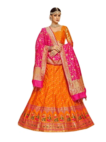 Banarasi Woven Silk Lehanga Set In Orange-E803