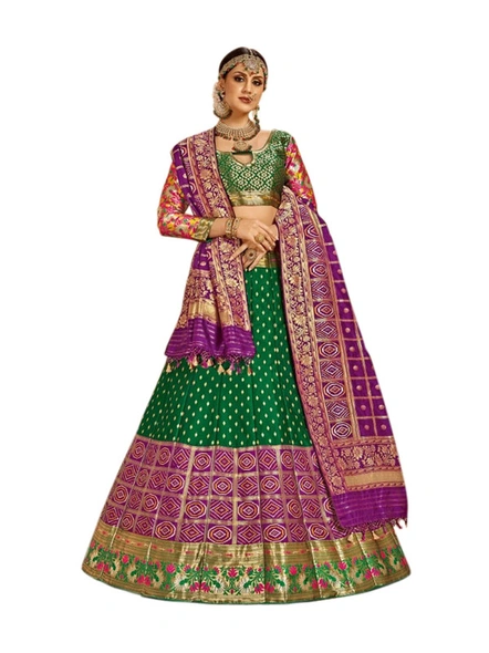 Banarasi Woven Silk Lehanga Set In Green-E810