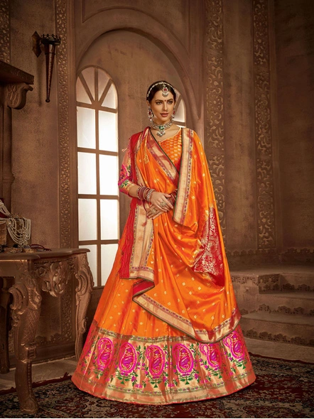Banarasi Woven Silk Lehanga Set In Orange-E824