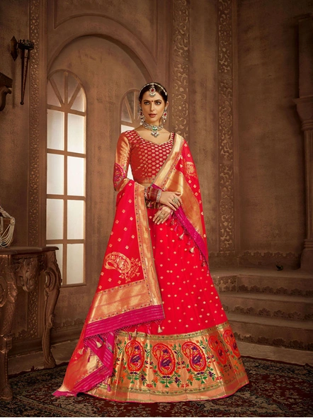 Banarasi Woven Silk Lehanga Set In Red-E825