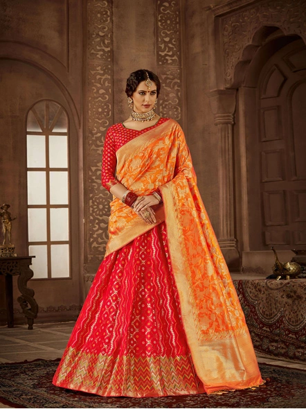 Banarasi Woven Silk Lehanga Set In Red-E830