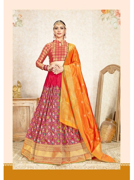 Banarasi Woven Silk Lehanga Set In Red-E835
