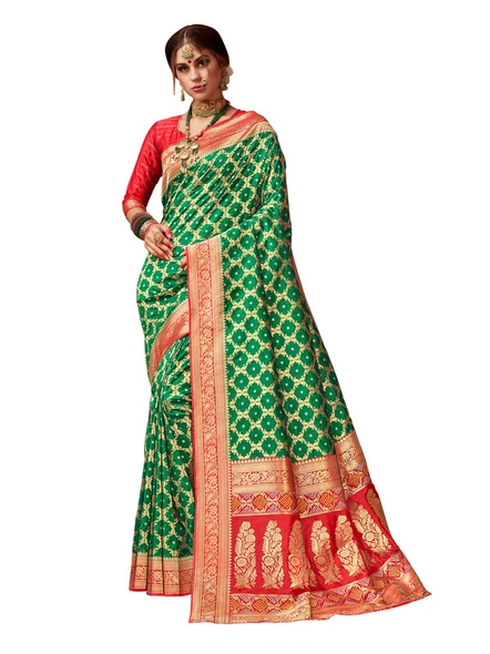 Banarasi Silk Woven Saree In Green-E851