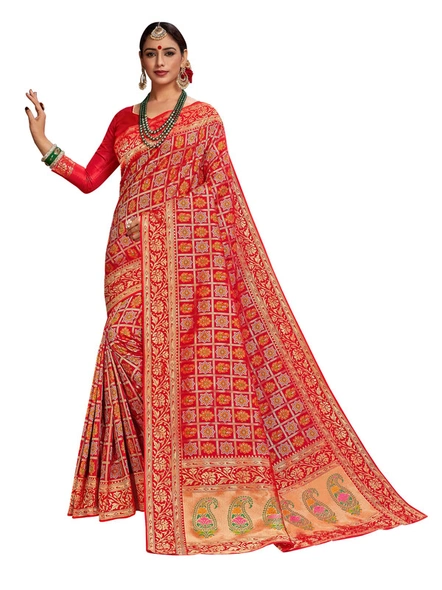 Banarasi Silk Woven Saree In Red-E870