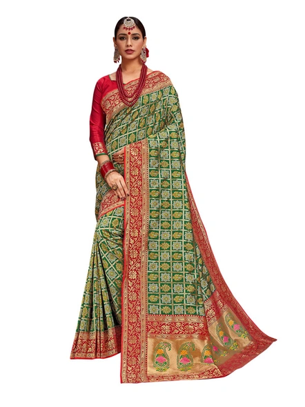 Banarasi Silk Woven Saree In Green-E871